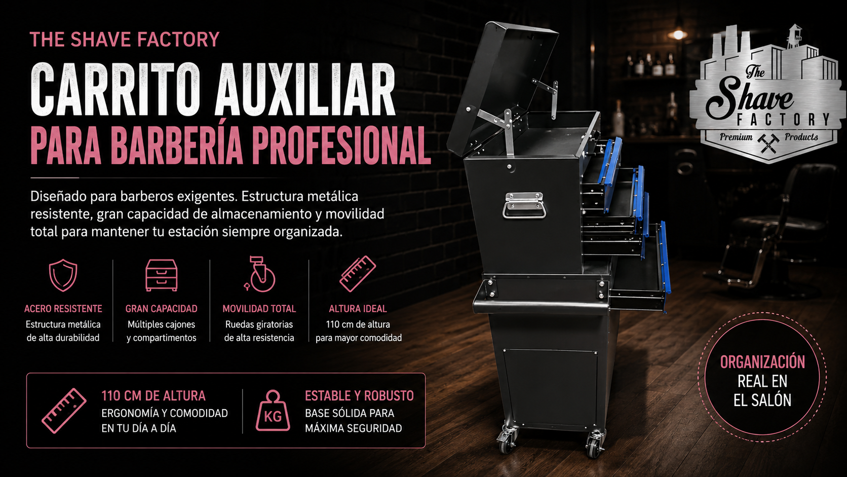Carrito auxiliar metálico para barbería: The Shave Factory 110cm